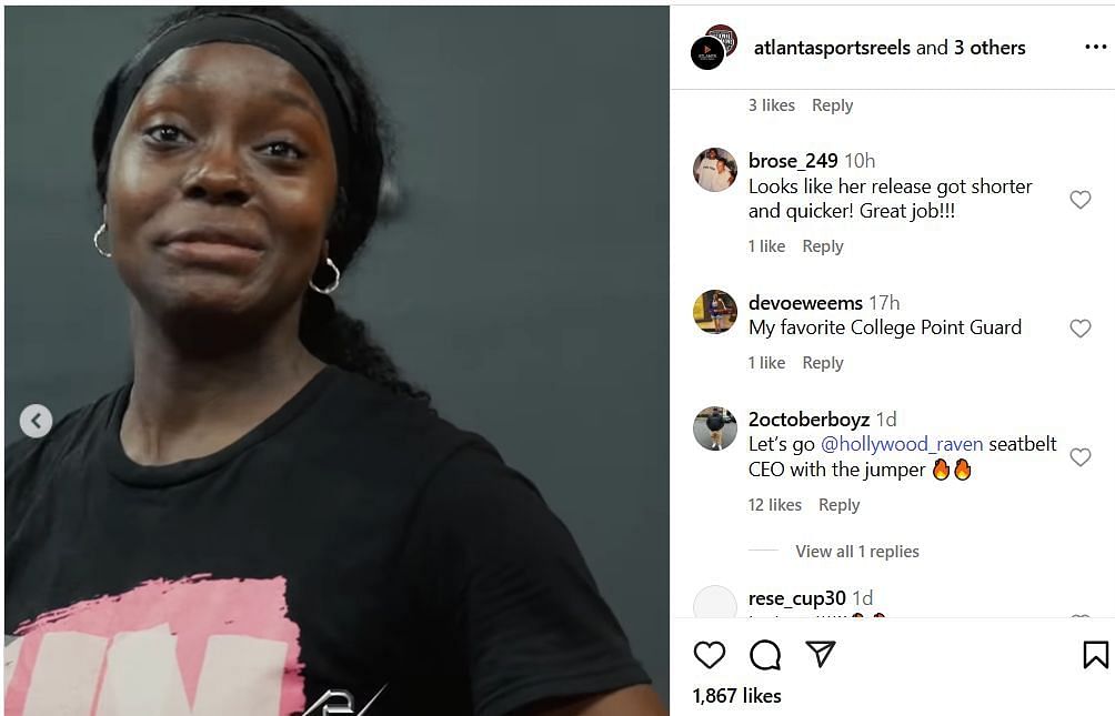 College hoop fans react to Raven Johnson's workout post on IG. Image via @atlantasportsreel